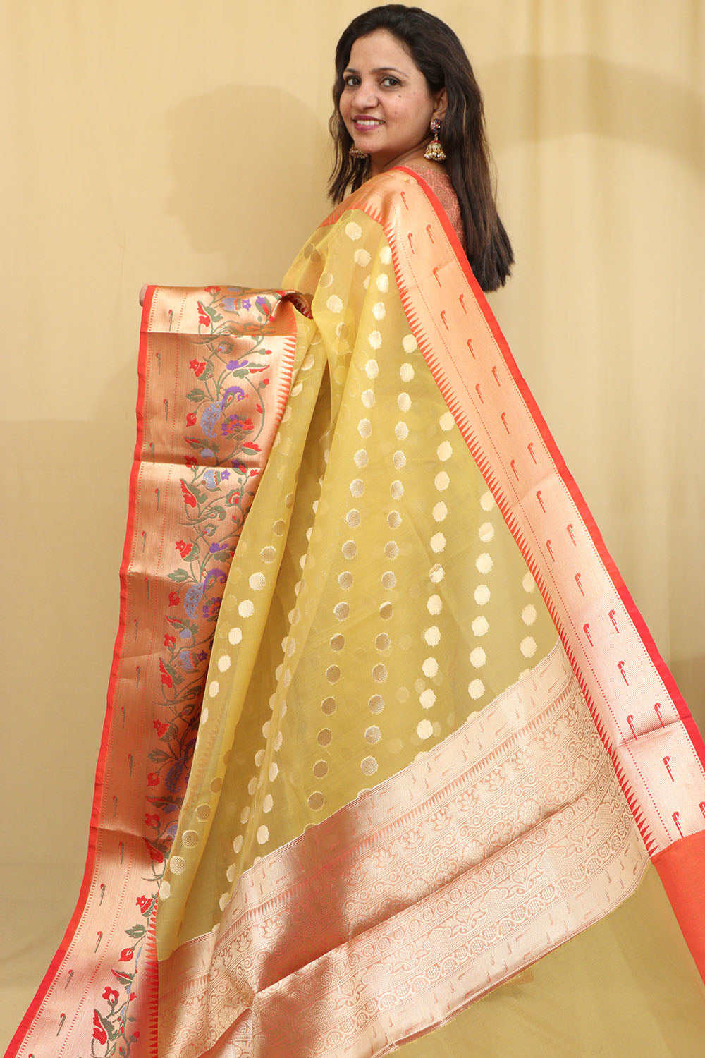 Yellow Banarasi Organza Kora Silk Paithani Border Saree - Luxurion World