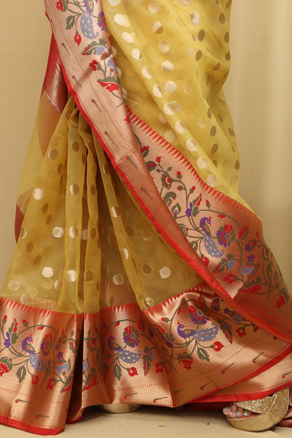 Yellow Banarasi Organza Kora Silk Paithani Border Saree - Luxurion World