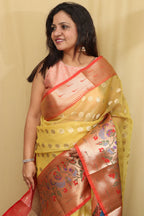 Yellow Banarasi Organza Kora Silk Paithani Border Saree - Luxurion World