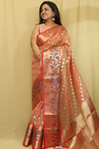 Pink Peach Banarasi Organza Kora Silk Paithani Border Saree - Luxurion World