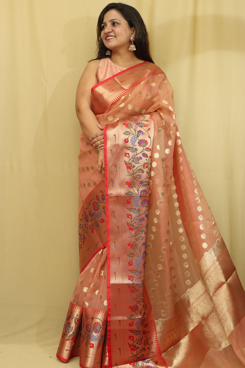 Pink Peach Banarasi Organza Kora Silk Paithani Border Saree - Luxurion World