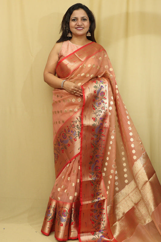 Pink Peach Banarasi Organza Kora Silk Paithani Border Saree - Luxurion World