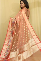 Pink Peach Banarasi Organza Kora Silk Paithani Border Saree - Luxurion World