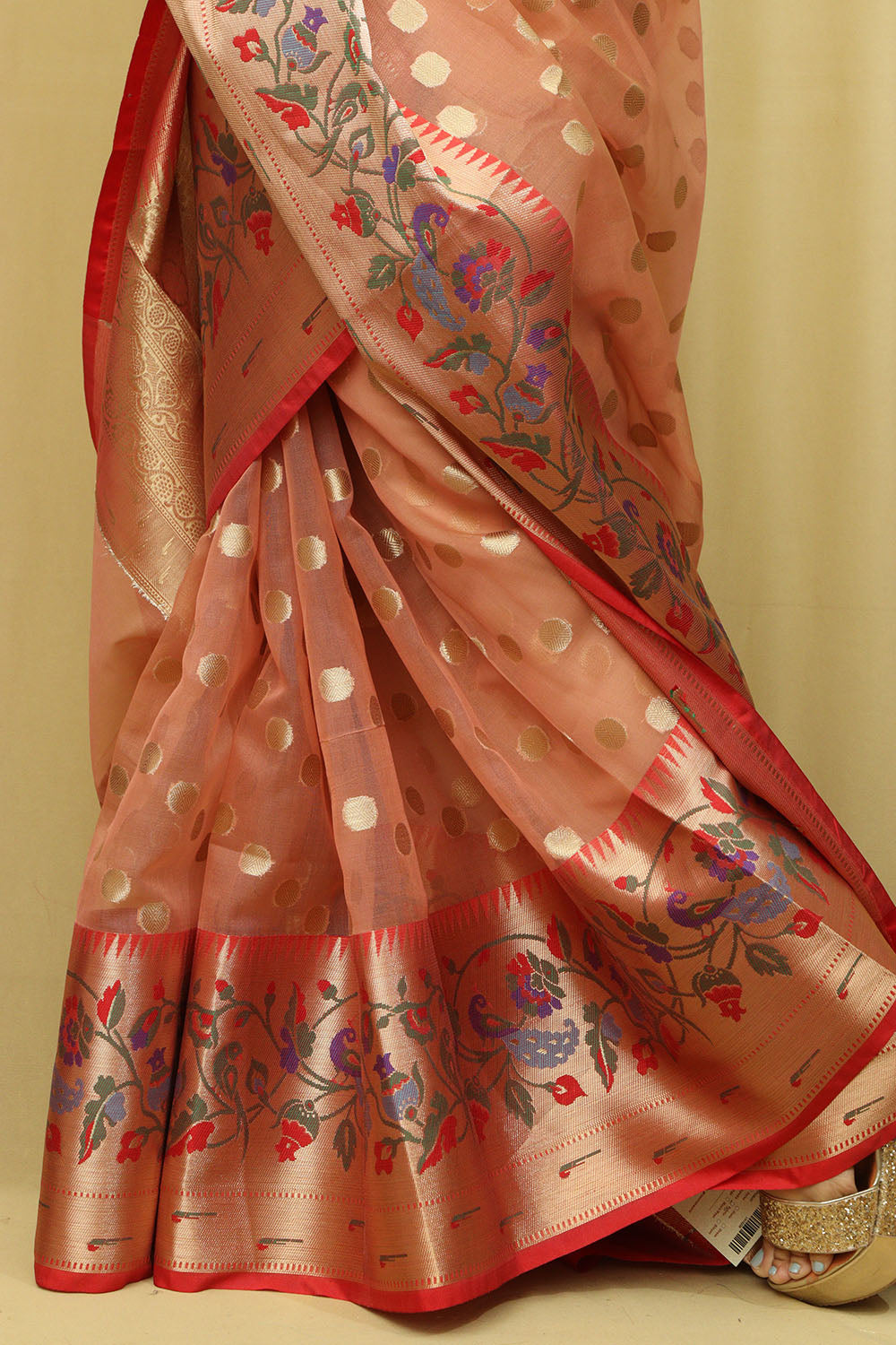 Pink Peach Banarasi Organza Kora Silk Paithani Border Saree - Luxurion World