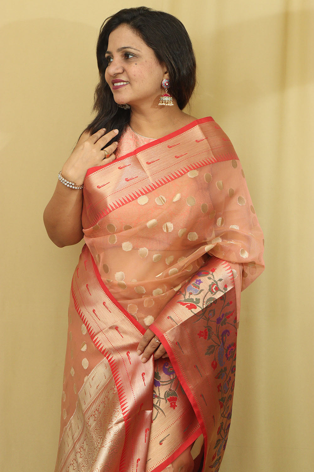 Pink Peach Banarasi Organza Kora Silk Paithani Border Saree - Luxurion World