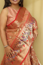 Pink Peach Banarasi Organza Kora Silk Paithani Border Saree - Luxurion World