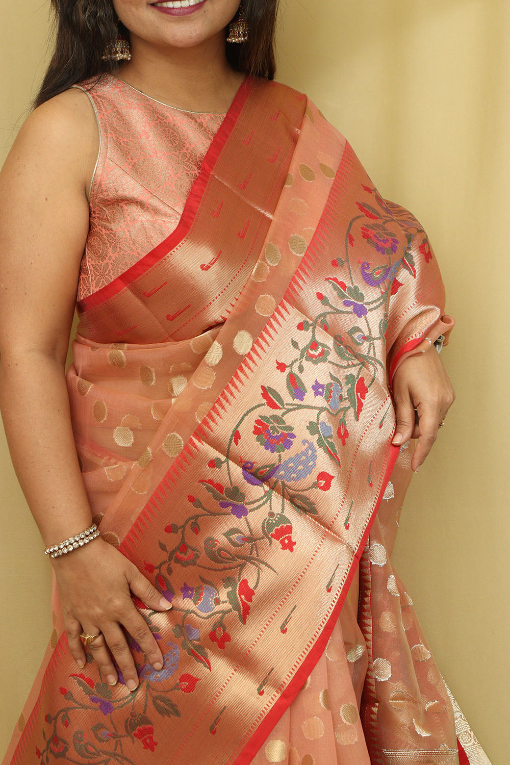 Pink Peach Banarasi Organza Kora Silk Paithani Border Saree - Luxurion World