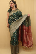 Stunning Green Banarasi Cotton Silk Saree - Elegant and Timeless - Luxurion World