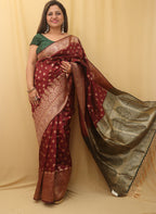 Stunning Maroon Banarasi Cotton Silk Saree - Perfect for Any Occasion - Luxurion World