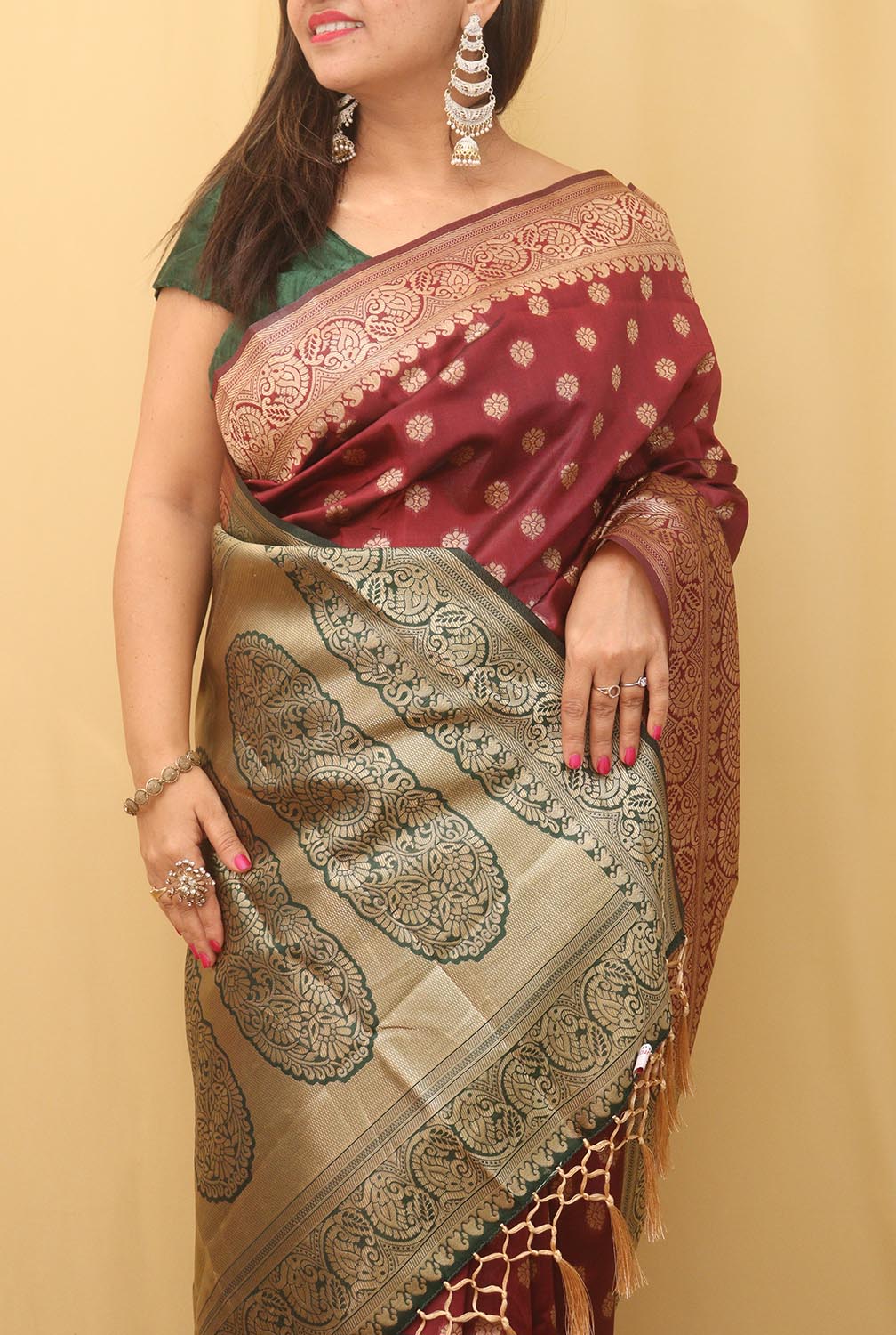 Maroon Banarasi Cotton Silk Saree - Luxurion World