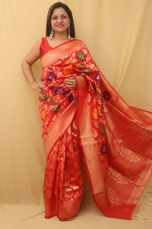 Red Banarasi Cotton Silk Meenakari Saree
