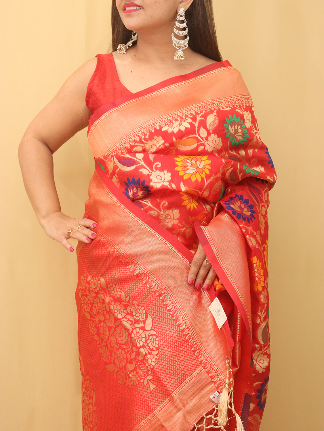 Red Banarasi Cotton Silk Meenakari Saree - Luxurion World