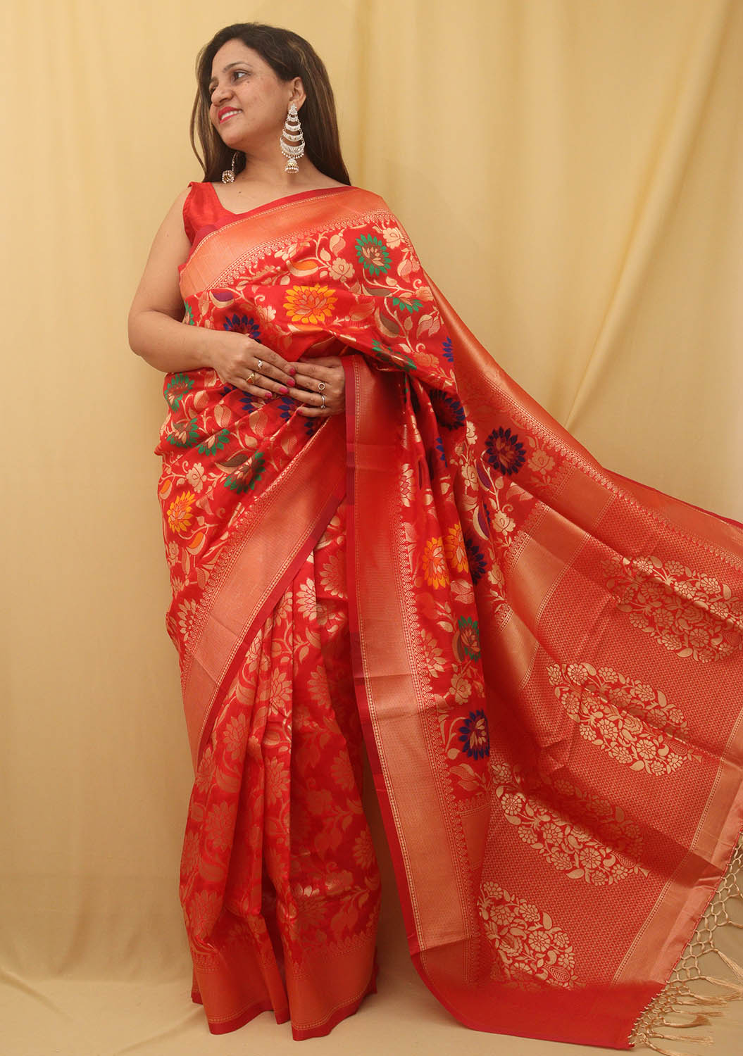 Red Banarasi Cotton Silk Meenakari Saree - Luxurion World