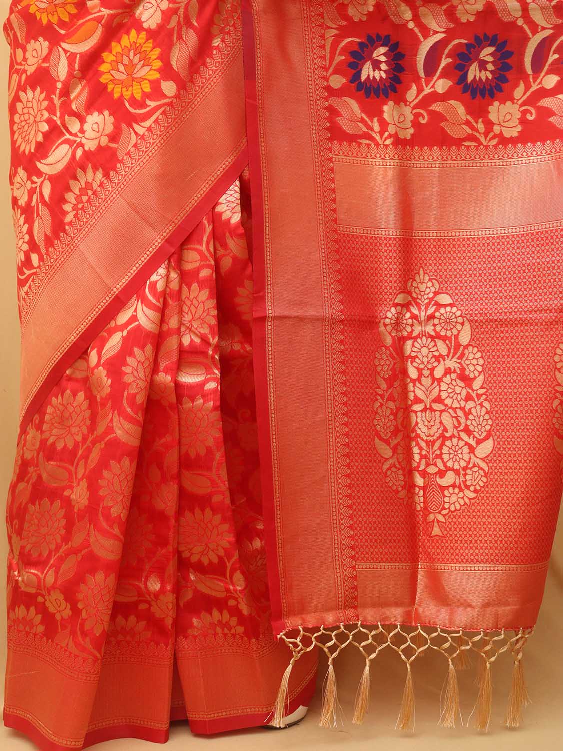 Red Banarasi Cotton Silk Meenakari Saree - Luxurion World
