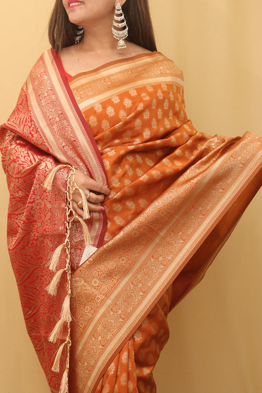 Orange Banarasi Cotton Silk Saree