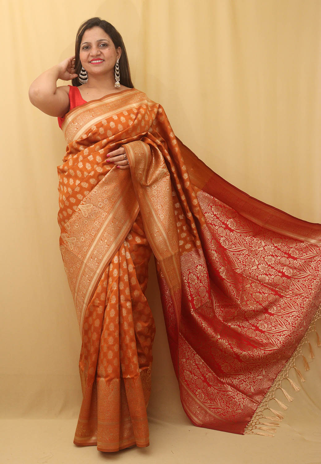 Orange Banarasi Cotton Silk Saree - Luxurion World