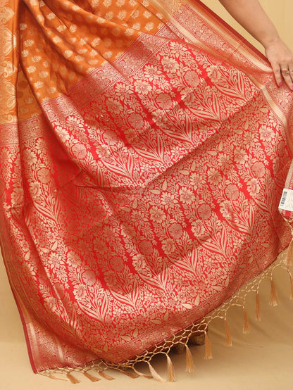 Orange Banarasi Cotton Silk Saree - Luxurion World
