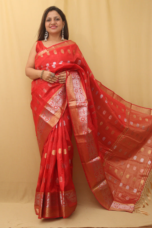 Red Banarasi Cotton Silk Saree