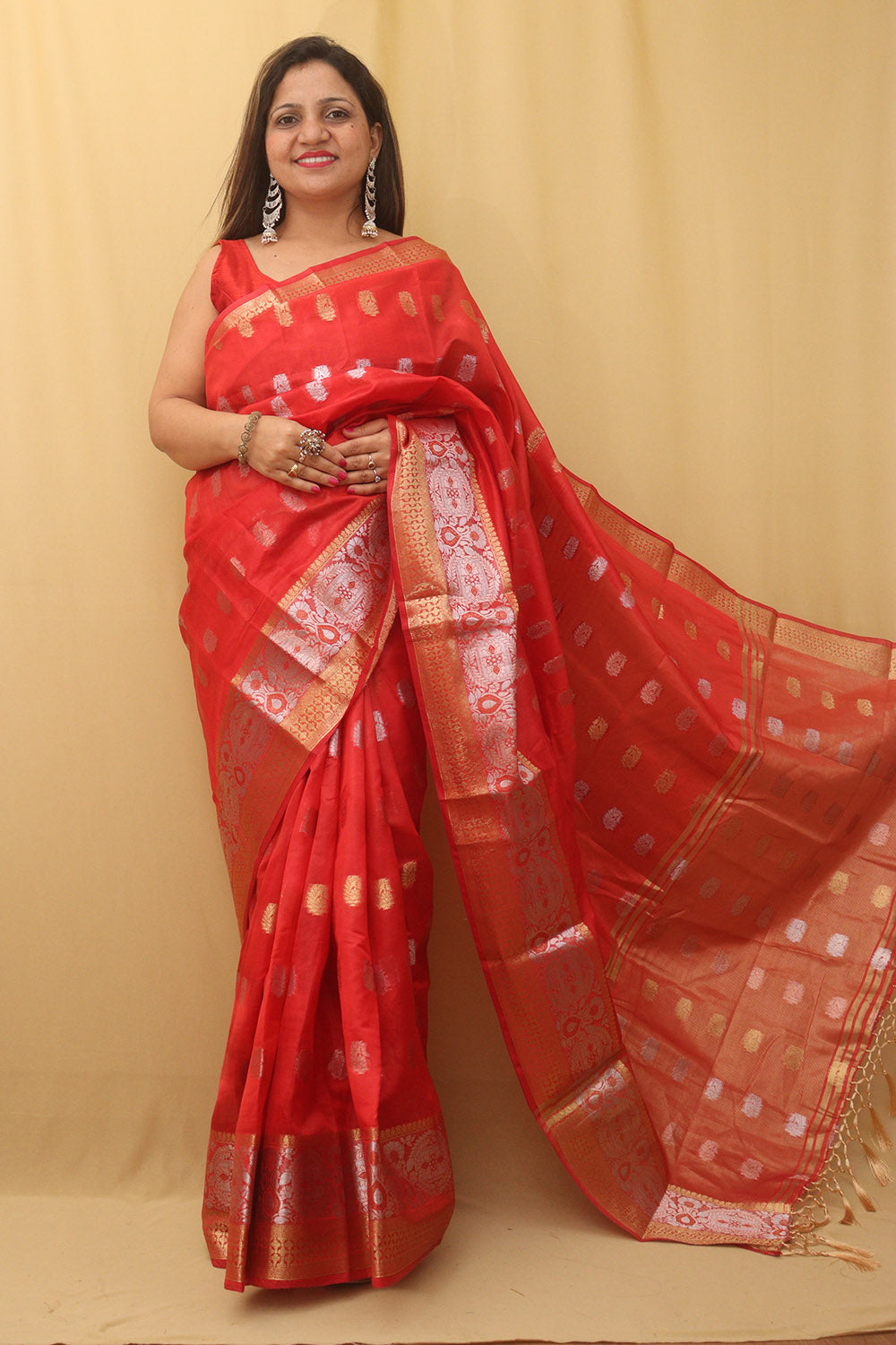 Red Banarasi Cotton Silk Saree - Luxurion World