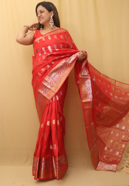 Red Banarasi Cotton Silk Saree - Luxurion World