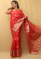 Red Banarasi Cotton Silk Saree - Luxurion World