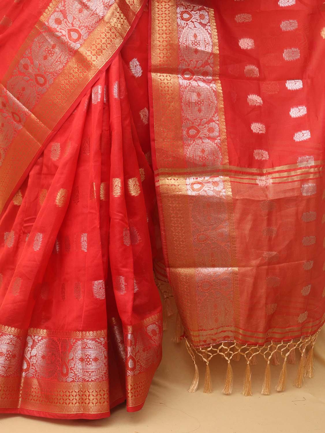 Red Banarasi Cotton Silk Saree - Luxurion World
