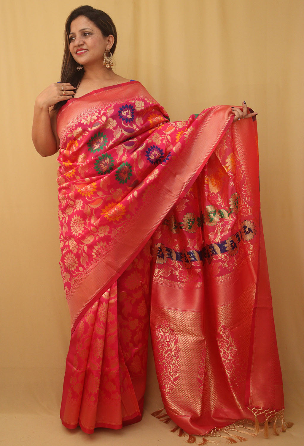 Pink Banarasi Cotton Silk Meenakari Saree - Luxurion World
