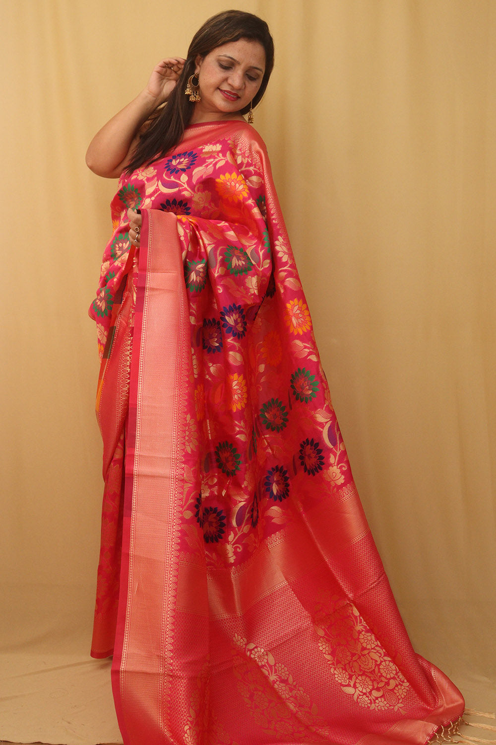 Pink Banarasi Cotton Silk Meenakari Saree - Luxurion World