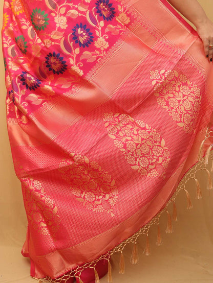 Pink Banarasi Cotton Silk Meenakari Saree - Luxurion World