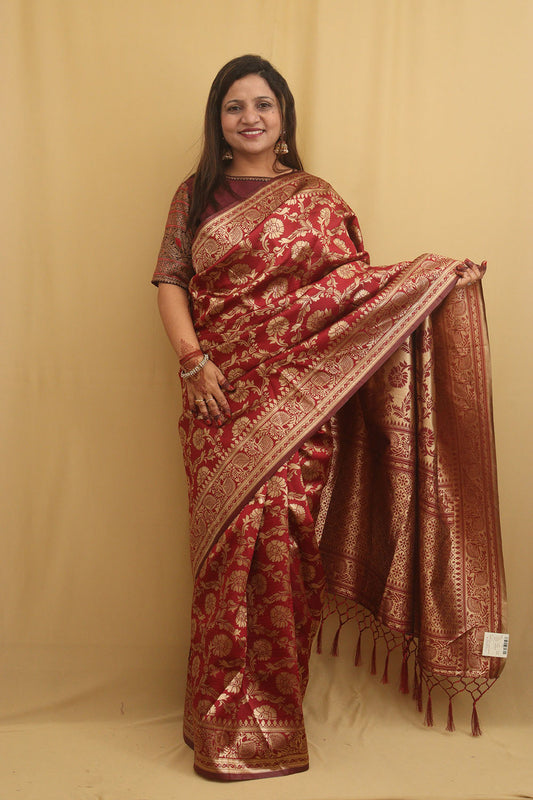 Maroon Banarasi Cotton Silk Saree - Luxurion World