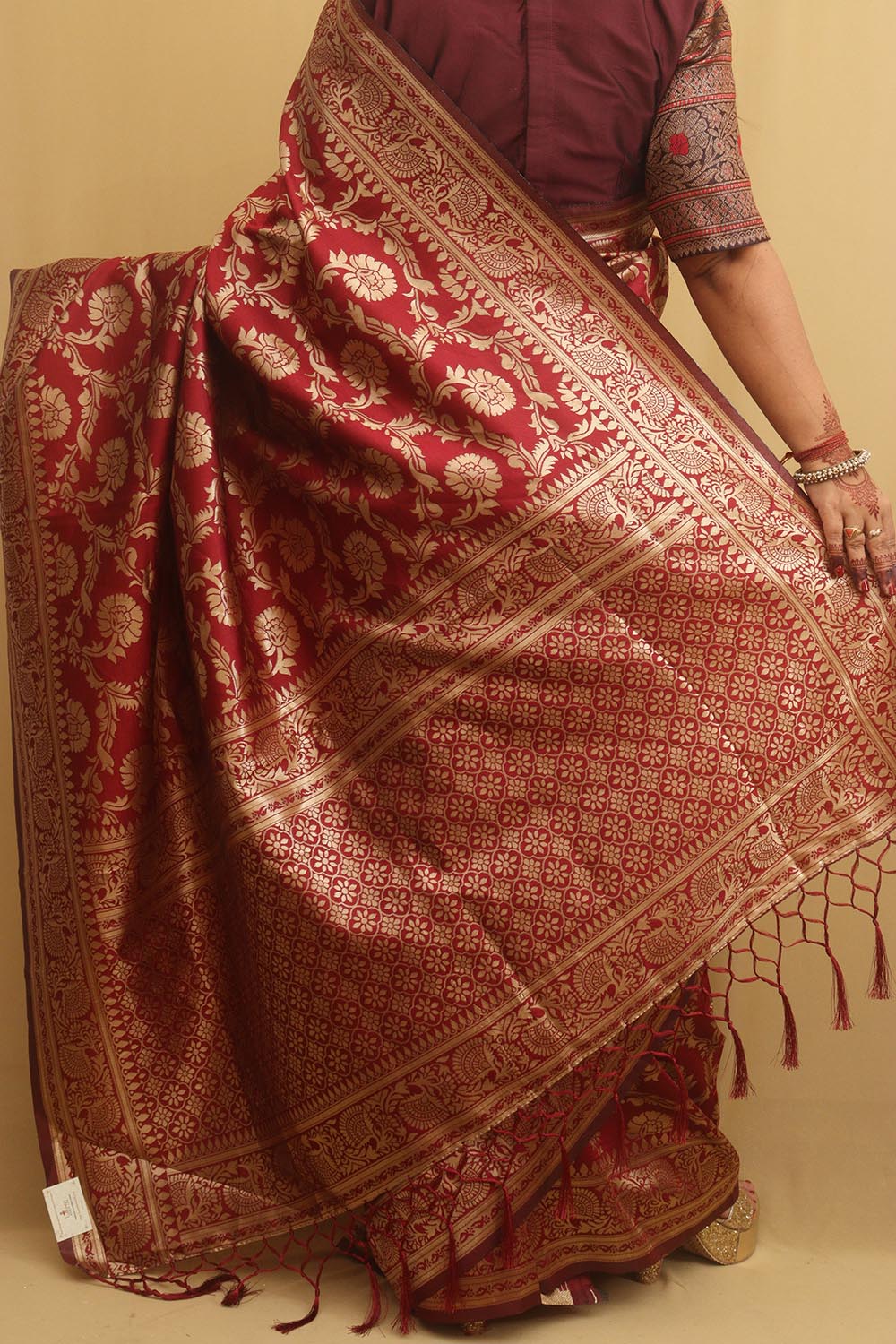 Maroon Banarasi Cotton Silk Saree - Luxurion World