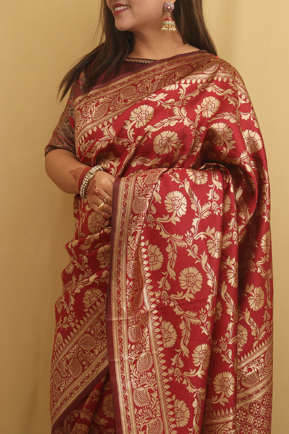 Maroon Banarasi Cotton Silk Saree - Luxurion World