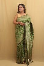 Stunning Green Banarasi Cotton Silk Saree - Elegant and Timeless - Luxurion World