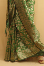 Stunning Green Banarasi Cotton Silk Saree - Elegant and Timeless - Luxurion World