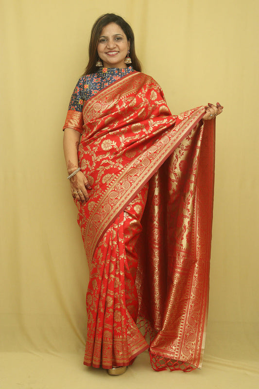 Stunning Red Banarasi Cotton Silk Saree - Perfect for Special Occasions - Luxurion World