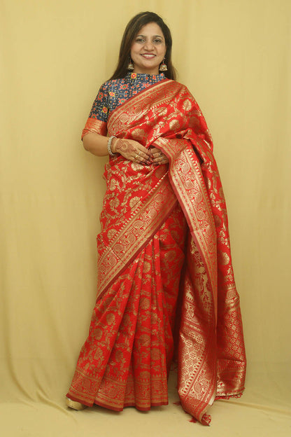 Red Banarasi Cotton Silk Saree - Luxurion World