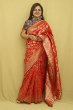 Stunning Red Banarasi Cotton Silk Saree - Perfect for Special Occasions - Luxurion World