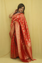 Stunning Red Banarasi Cotton Silk Saree - Perfect for Special Occasions - Luxurion World