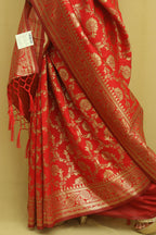 Stunning Red Banarasi Cotton Silk Saree - Perfect for Special Occasions - Luxurion World