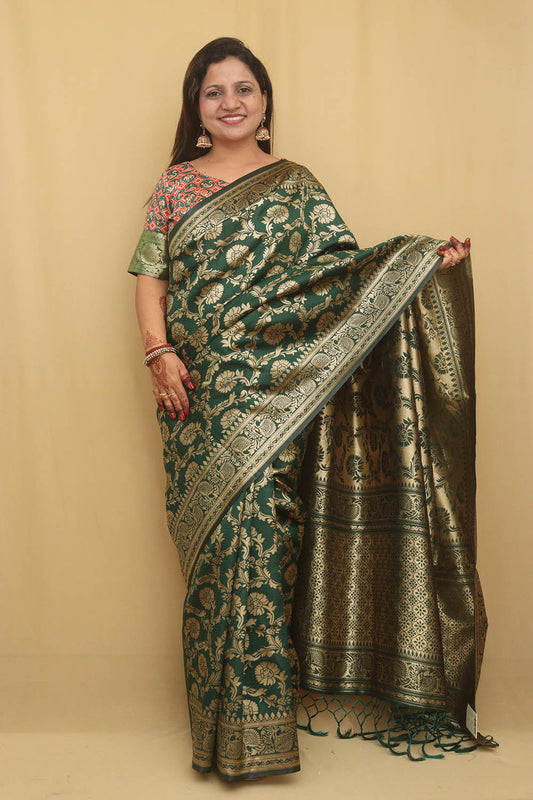 Green Banarasi Cotton Silk Saree - Luxurion World