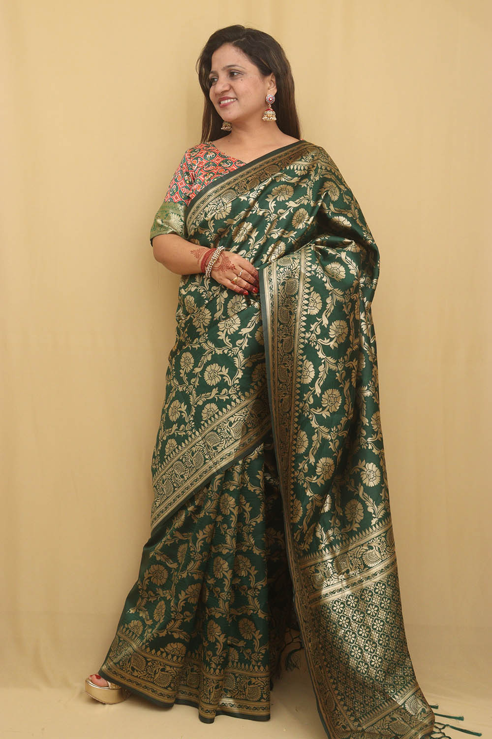 Green Banarasi Cotton Silk Saree - Luxurion World