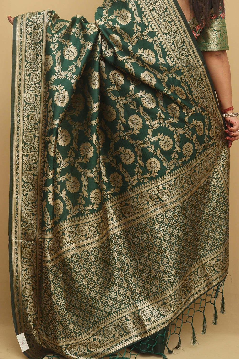 Green Banarasi Cotton Silk Saree - Luxurion World