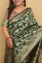 Green Banarasi Cotton Silk Saree - Luxurion World