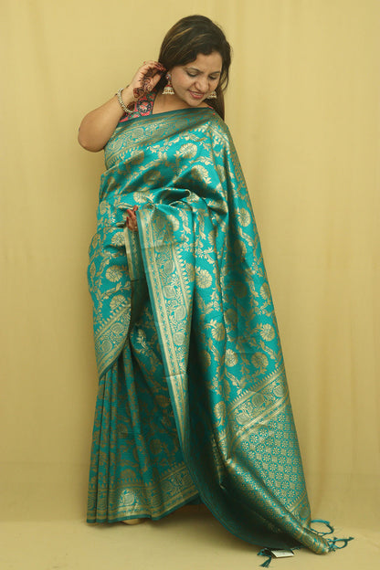 Blue Banarasi Cotton Silk Saree - Elegant and Timeless - Luxurion World