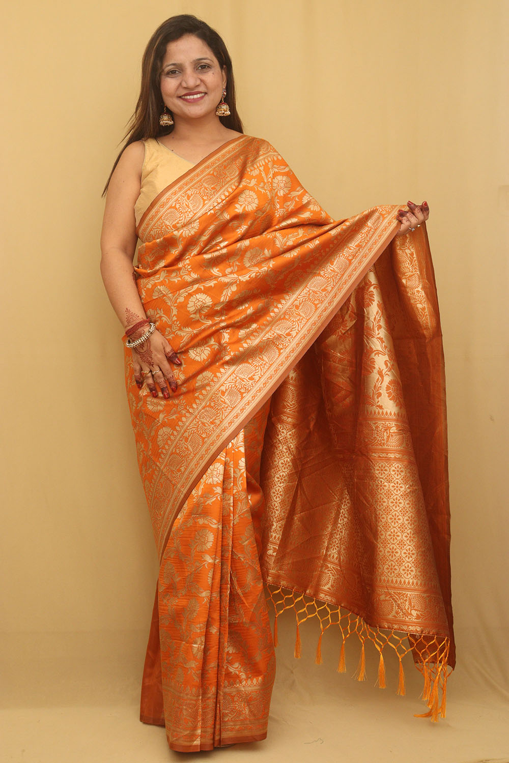 Vibrant Orange Banarasi Cotton Silk Saree - Elegant and Timeless - Luxurion World