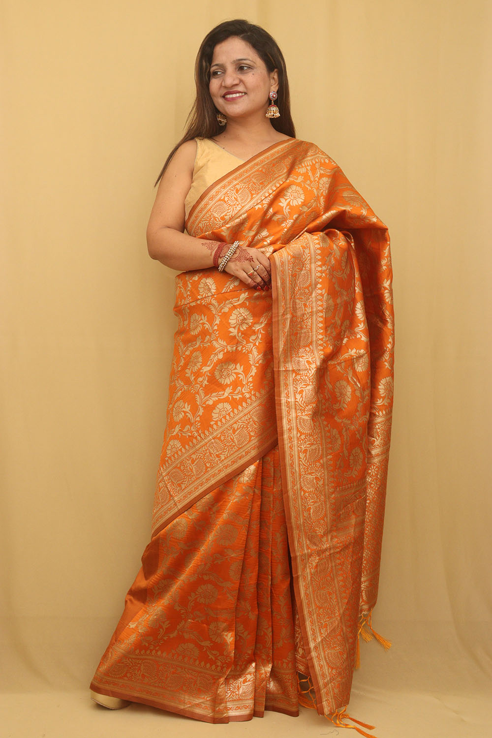 Vibrant Orange Banarasi Cotton Silk Saree - Elegant and Timeless - Luxurion World