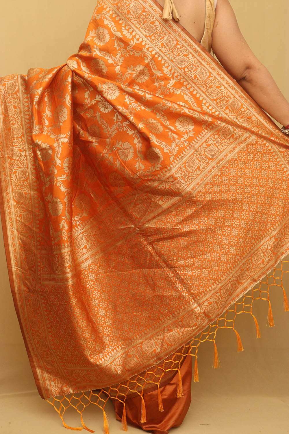 Vibrant Orange Banarasi Cotton Silk Saree - Elegant and Timeless - Luxurion World