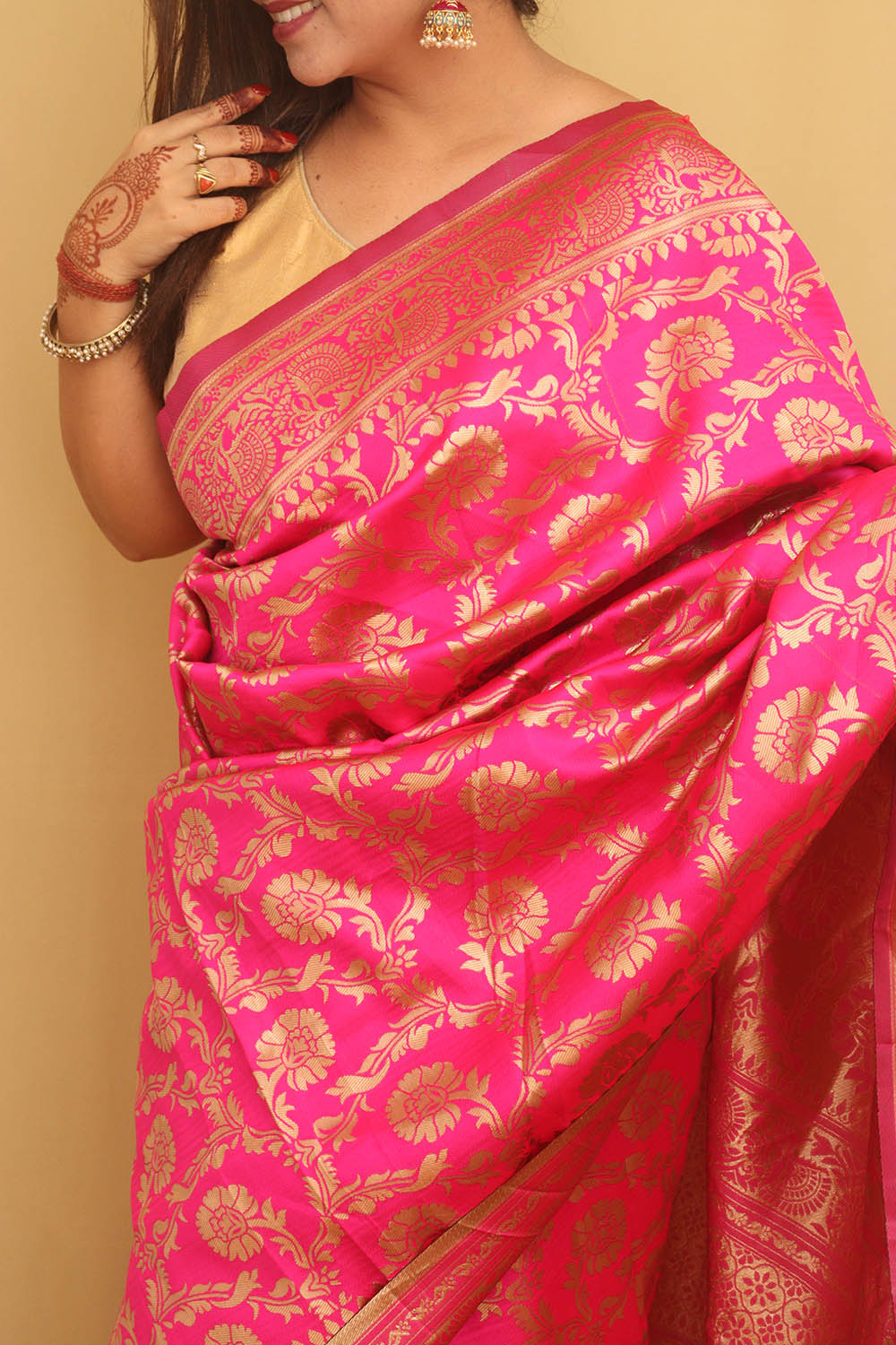 Elegant Pink Banarasi Cotton Silk Saree - Luxurion World