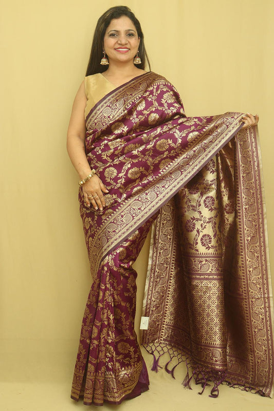 Purple Banarasi Cotton Silk Saree - Luxurion World