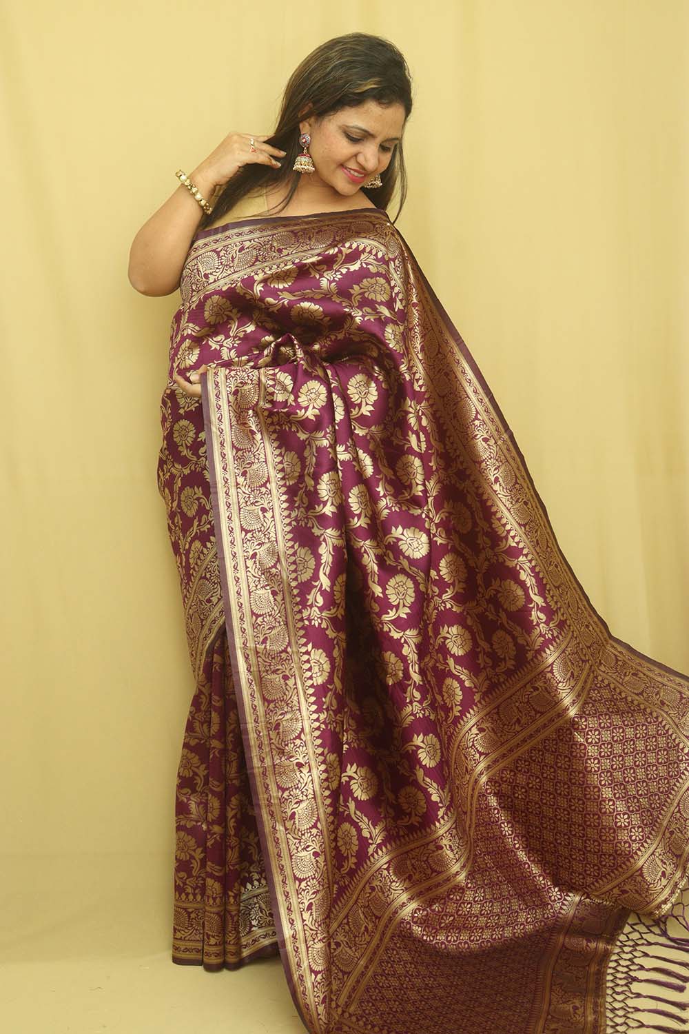 1 Min Ready To Wear - Purple Banarasi Silk Saree - Luxurion World